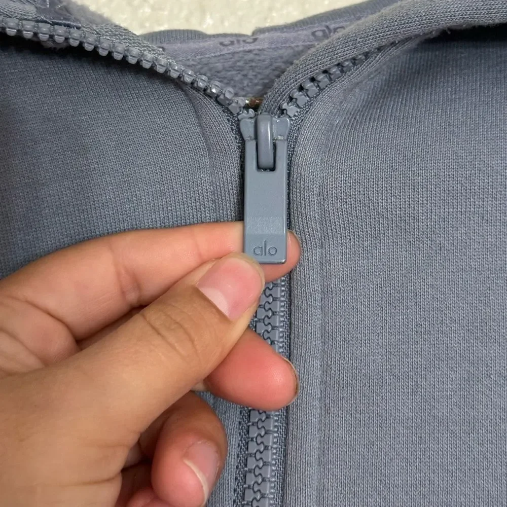ALO YOGA Foundation Zip Hoodie bluish grey color steel blue size Small